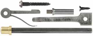 Patchbox Release Kit for American longrifle, 
steel rod, spring, brass button, and latch